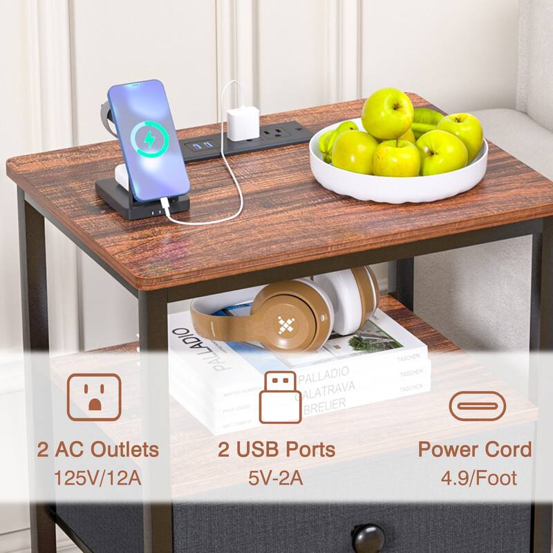 VECELO Nightstand Set with Charging Station 2 AC Outlets & 2 USB Ports 24-Inch High nightstand with Fabric Drawer 2 Open Shelves