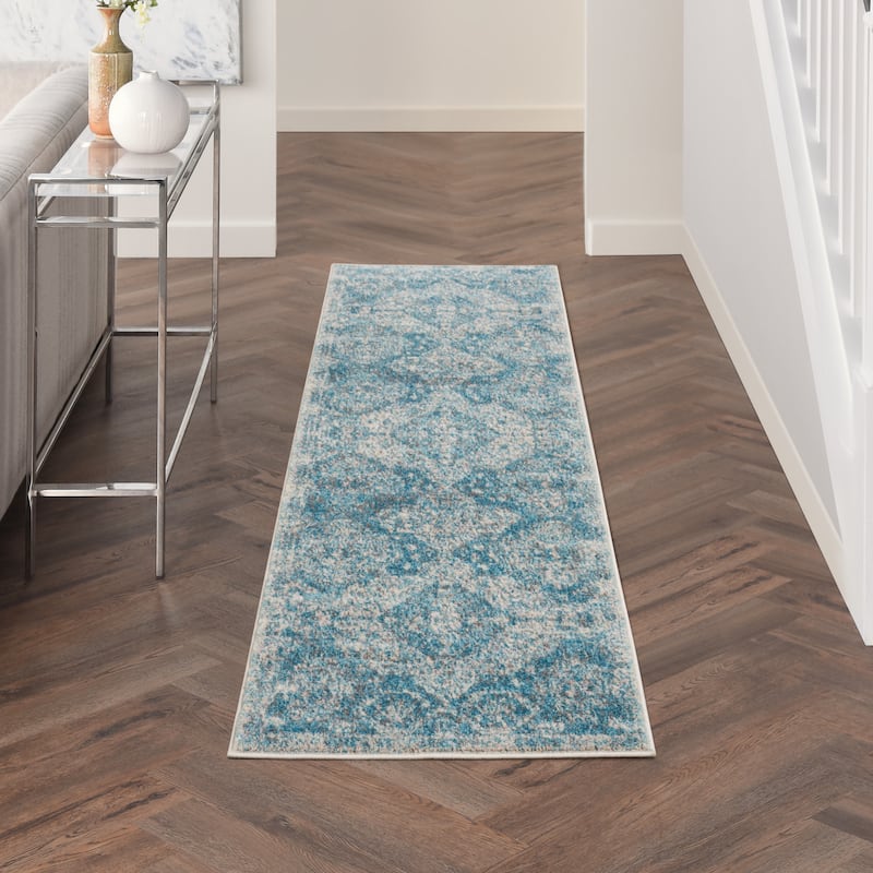 Nourison Tranquil Vintage French Country Contemporary Geometric Area Rug - 2' 3" x 7' 3" - Lt.Blue/Ivory - Runner