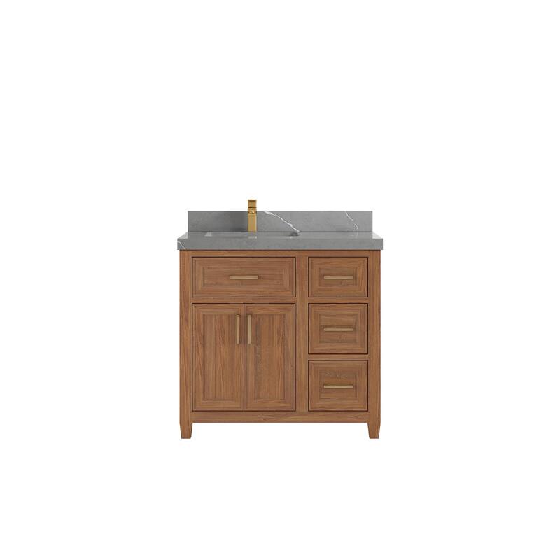 Willow Collections 36 in. W x 22 in. D Santa Monica Teak Left Offset Sink Bathroom Vanity with Countertop - 2”Piatra Gray - Dark Natural Teak