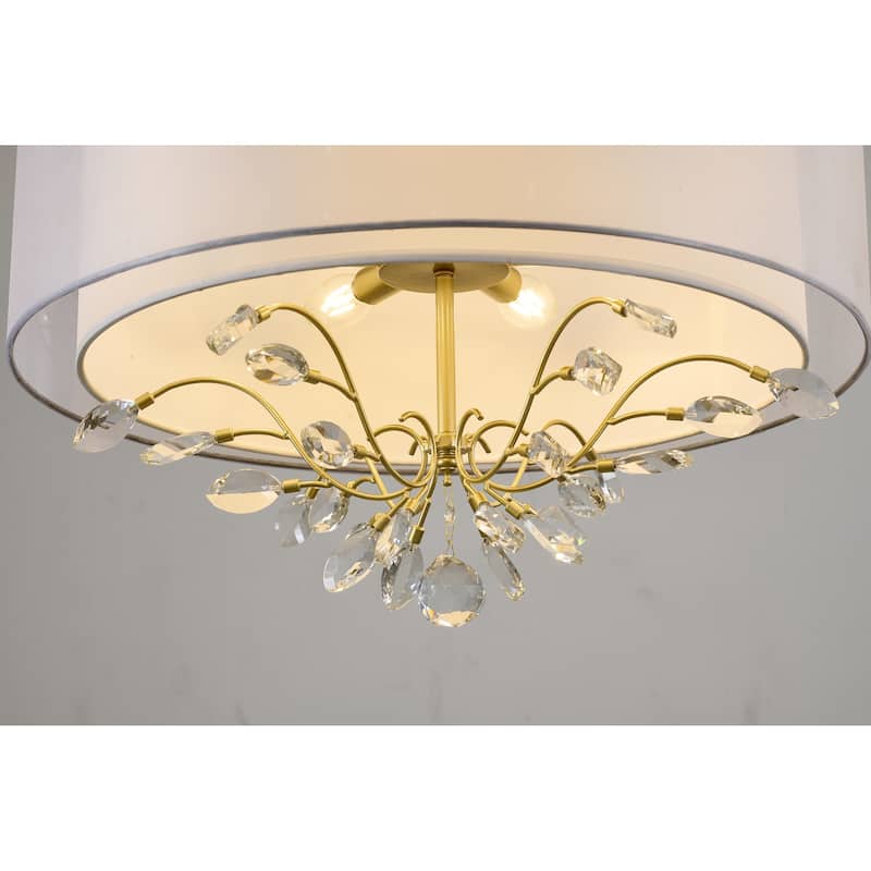 6-Light Aged Silver Branch Chandelier With A Fabric Shade And Crystals