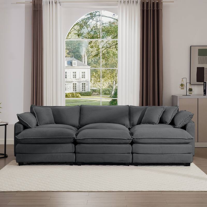 Oversized Corduroy Cloud Upholstered Modular Sleeper Sofa with 3 Removable Ottoman and 5 Pillows