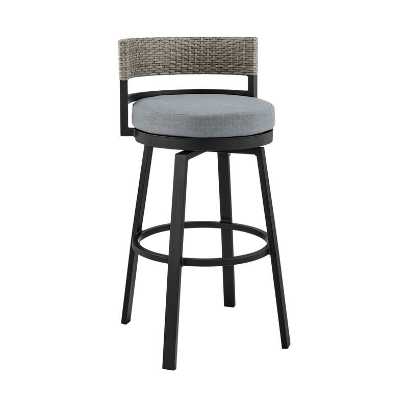 Encinitas Black Aluminum and Gray Wicker Outdoor Patio Bar or Counter Height Swivel Stool