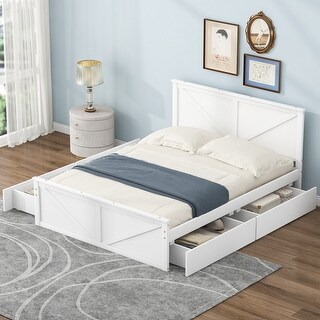 Queen Platform Bed with 4 Drawers, Headboard & Support Legs, White