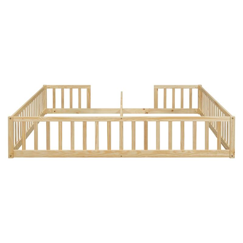 Double Twin Floor Bed with Fence, Guardrails, Without Door