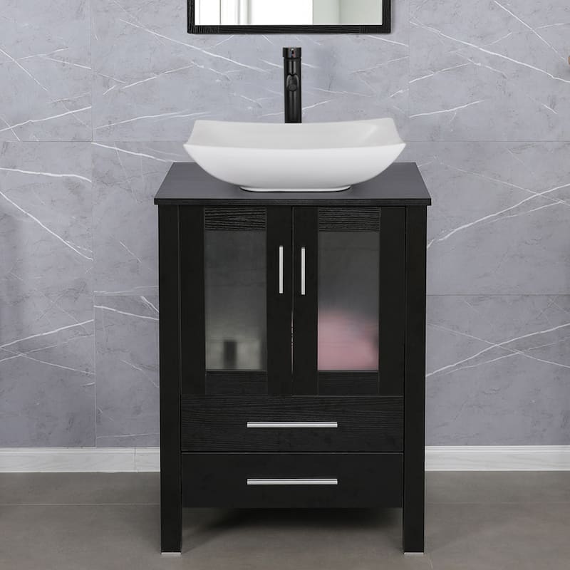 eclife 24" Classical Bathroom Vanity Set with Tempered Glass Vessel Sink Oil Rubbed Bronze Faucet and Drain - white ceramic curved sink