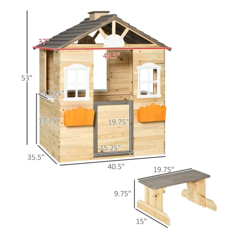 Natural Gray White and Orange Wooden Kids Outdoor Playhouse with Bench Service Station and Flowerpot Holders