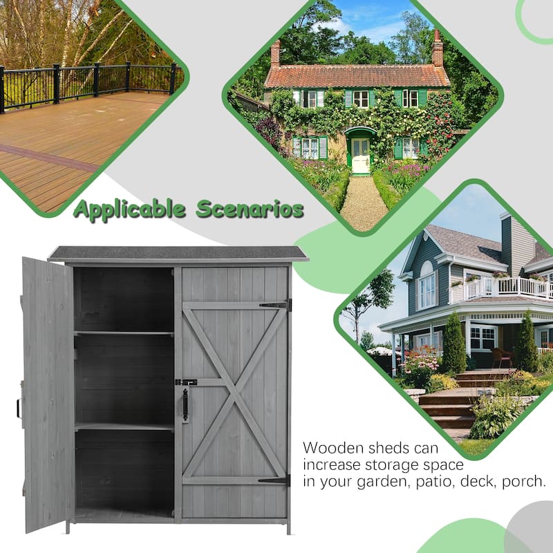 56"L x 19.5"W x 64"H Outdoor Storage Shed with Lockable Door, Wooden Tool Storage Shed w/Detachable Shelves & Pitch Roof