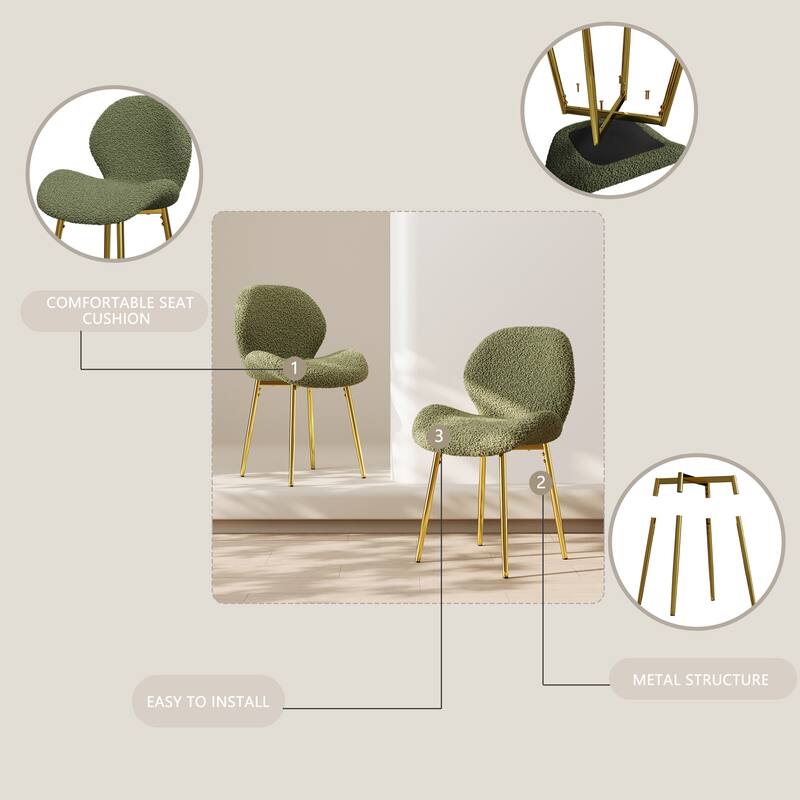 Modern minimalist teddy velvet Dining Chairs Set of 2 with sturdy gold metal legs and comfortable backrest design