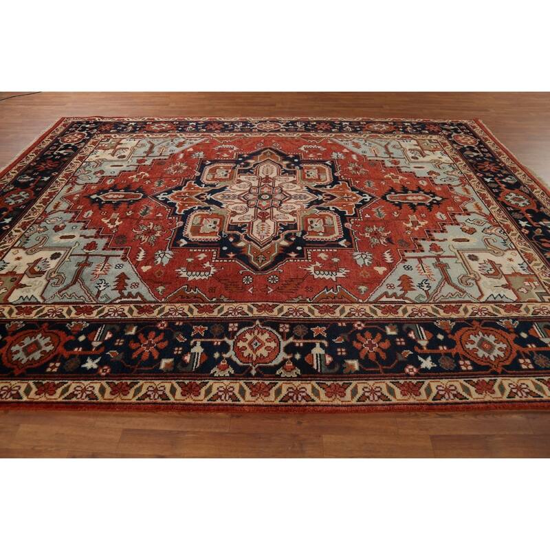 Geometric Heriz Serapi Indian Area Rug Handmade Orange Wool Carpet - 8'11"x 11'9"