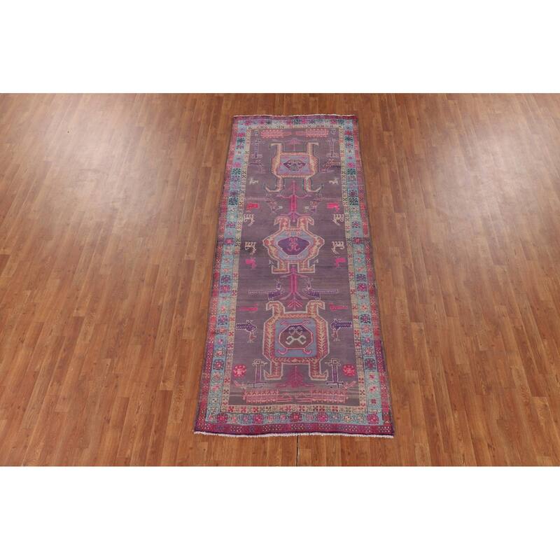 Purple Tribal Ardebil Persian Vintage Runner Rug Handmade Wool Carpet - 3'10" x 9'7"