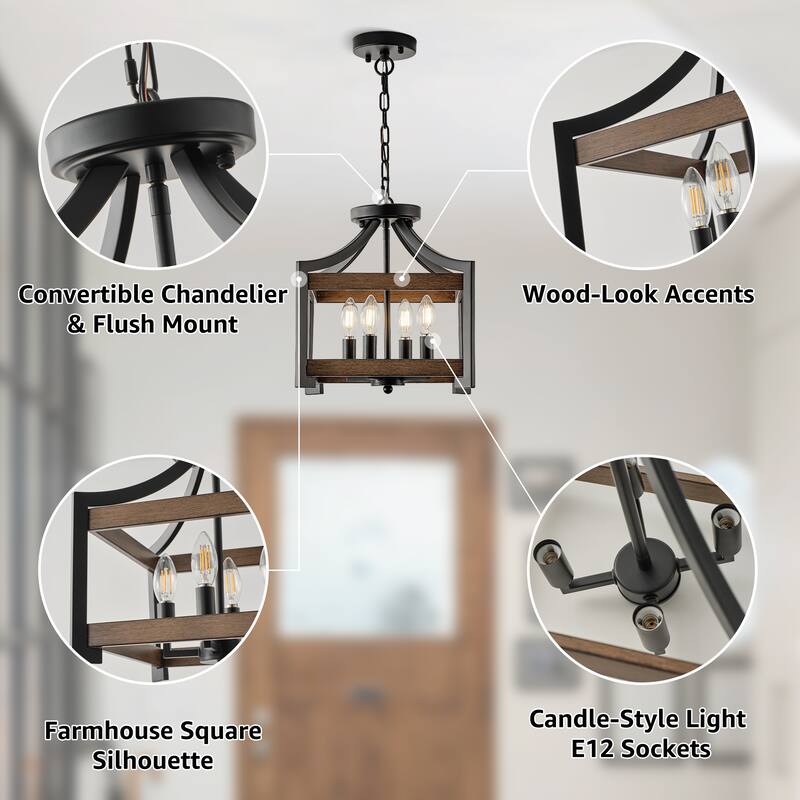 Starsky 4-Light Faux Wood Finish Rectangular Farmhouse Chandelier - Matte Black