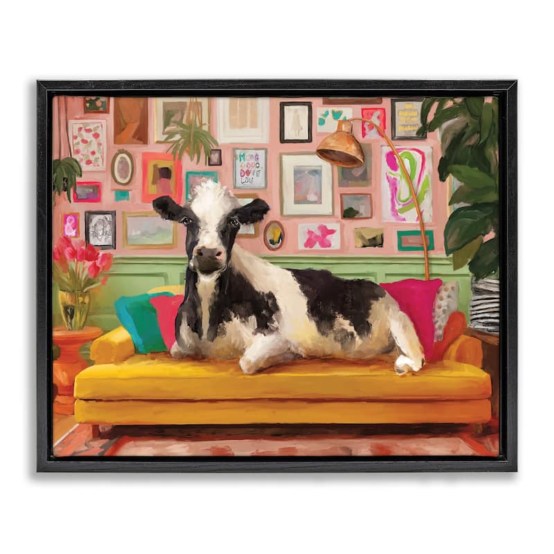 Stupell Cow in Whimsical Maximalist House Framed Floater Canvas Wall Art Design By Kamdon Kreations - 21 x 17 - Black