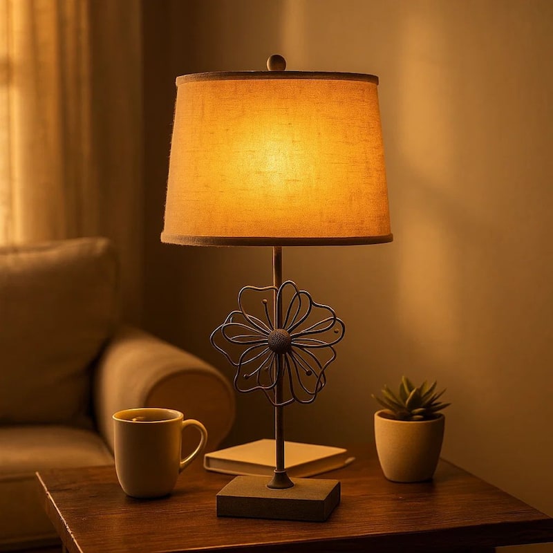 Metal Table Lamp Set of 2 with Flower Accent and Block Base,Beige and Gray