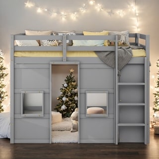 Wood Twin Size Loft Bed with Built-in Storage Wardrobe and 2 Windows