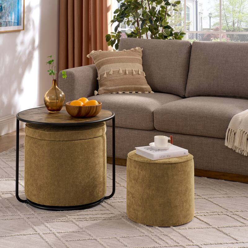 Roomfitters Ottoman Table Set with Drum Stool and Hidden Storage, Multi-Functional Combination Accent Furniture