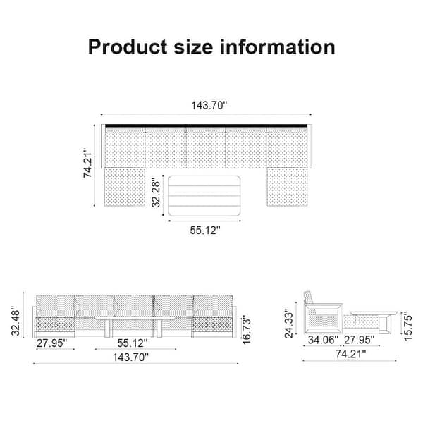 dimension image slide 12 of 14, PURPLE LEAF Caesar U-Shaped Grey Outdoor Couch with 9.6" Thick for Yard Porch Deck Patio Conversation Sets