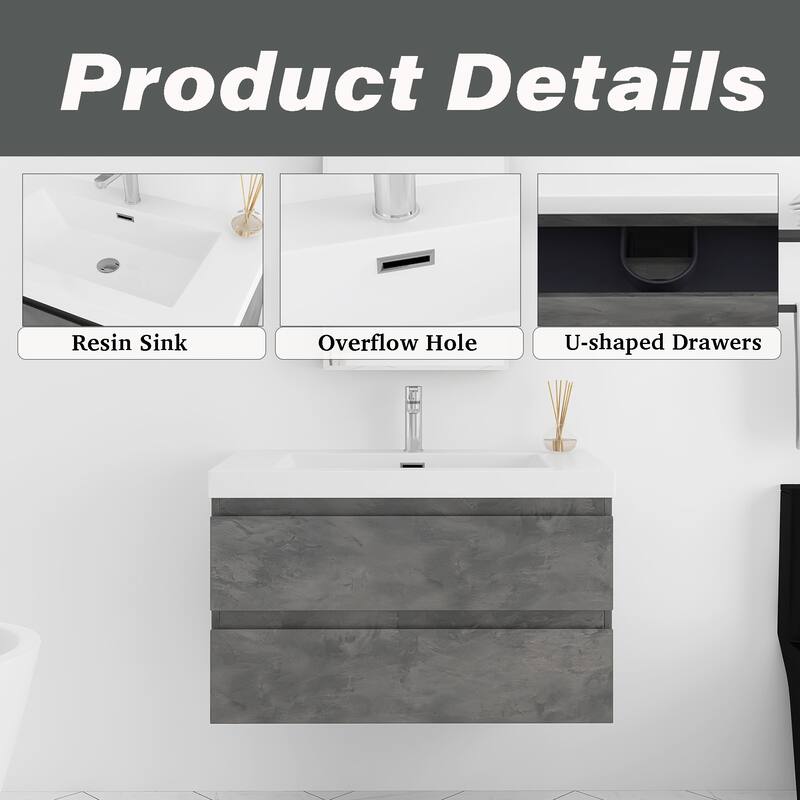 Floating Bathroom Vanity Integrated White Resin Sink