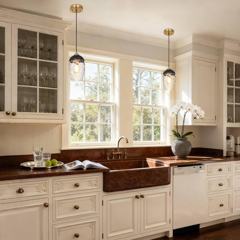 Modern Contemporary 1-Light Black and Gold Hammered Glass Pendant Light Fixtures for Kitchen Island