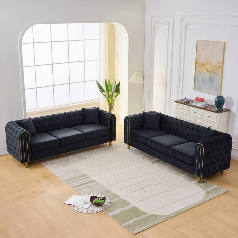 Roomfitters Two 86" Modern Upholstered Tuxedo Chesterfield Sofa Set with Gold Trim, Button Back 2-Piece Couch Set