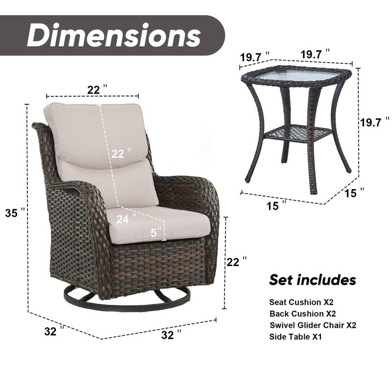 Pocassy Outdoor Glider Chairs Table with 4Inch 5Inch 6Inch Cushion
