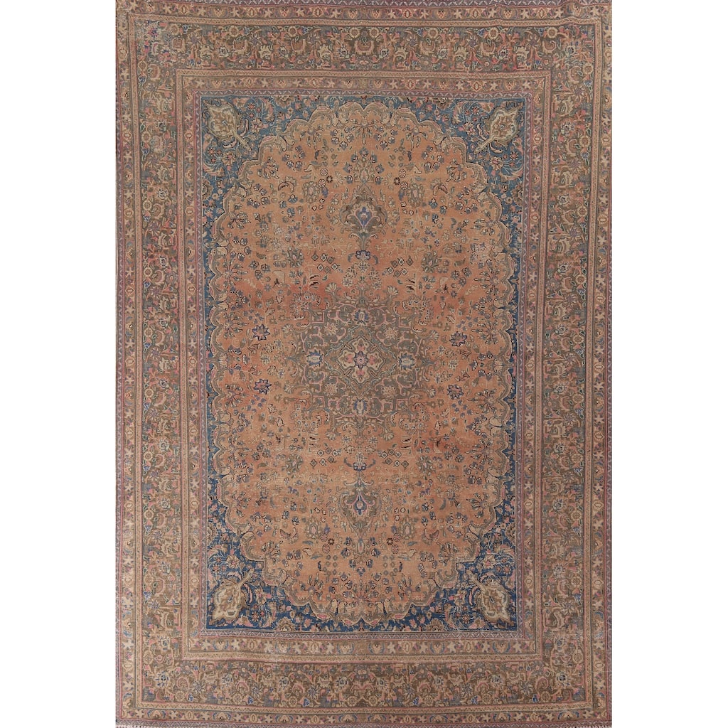 Distressed Mashad Vintage Persian Rug Handmade Wool Carpet - 9'6" x 12'11"