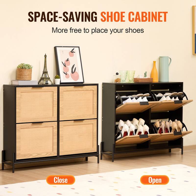 Slim Rattan Shoe Cabinet with Shelves and Drawers Wooden Entryway Organizer for Small Spaces - 40.94 x 9.45 x 34.65 inches