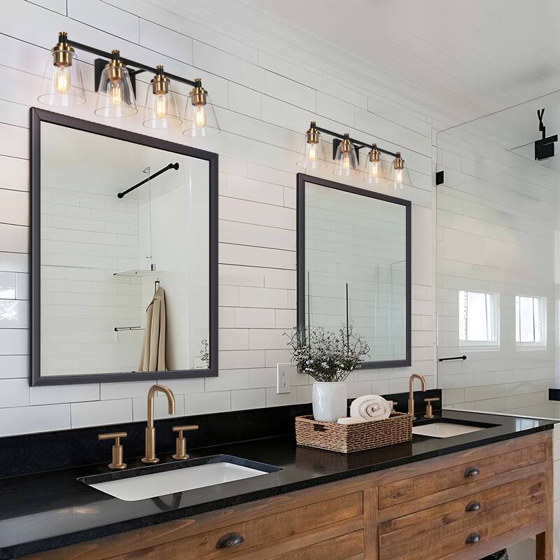 4-Light Modern Black Gold Bathroom Vanity Lights Glass Wall Sconces