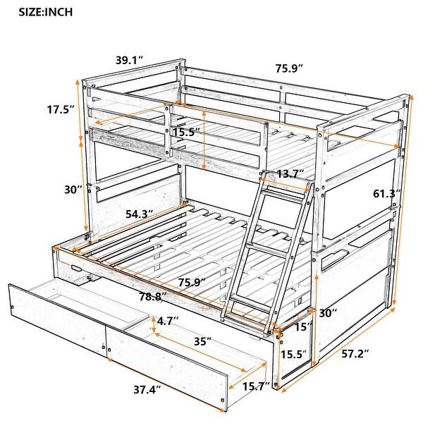 Multi-function Twin over Full Bunk Bed With Storage Drawers,Sturdy Frame For Bedroom