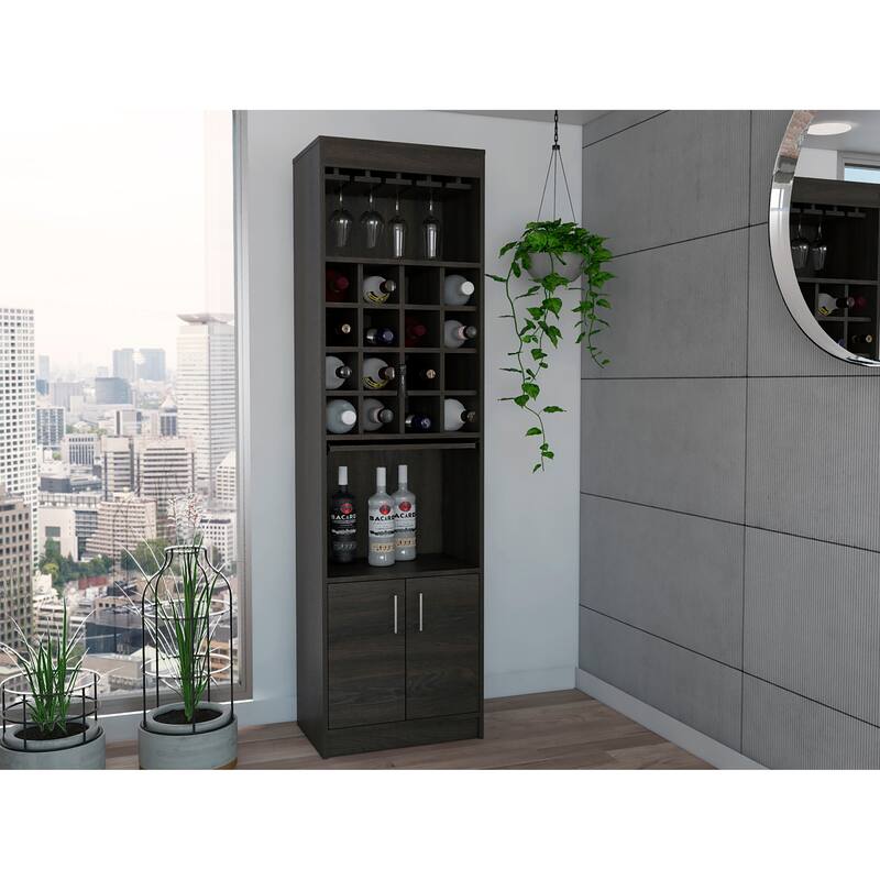 TUHOME Kava Bar Cabinet with 16 Wine Cubbies, 12 Glass Racks, 1 Shelf, Concealable Serving Tray, and Double Door - N/A