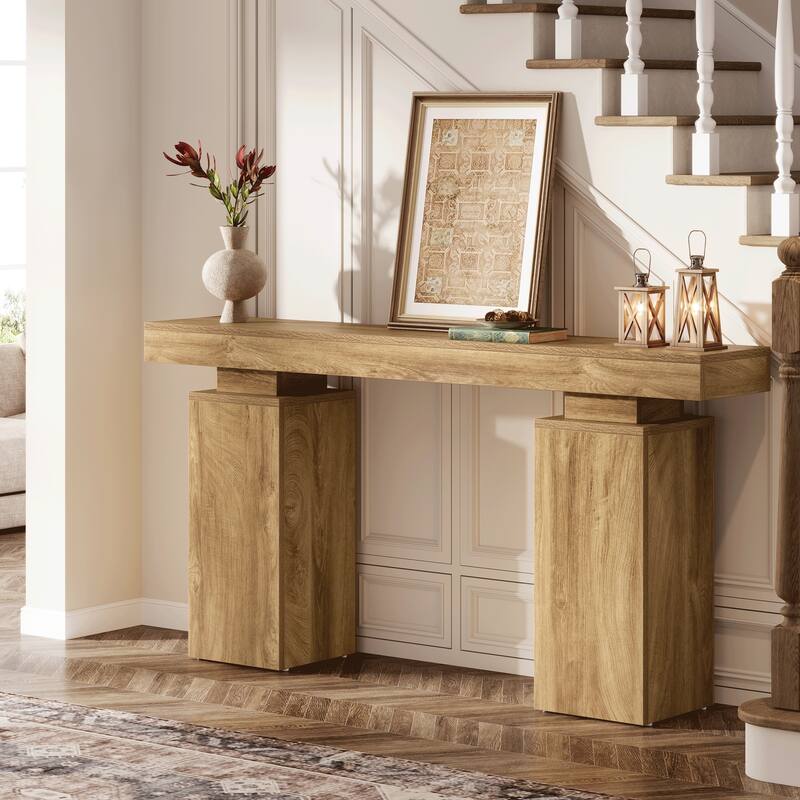 Industrial Farmhouse Console Table with Double Pedestal for Entryway
