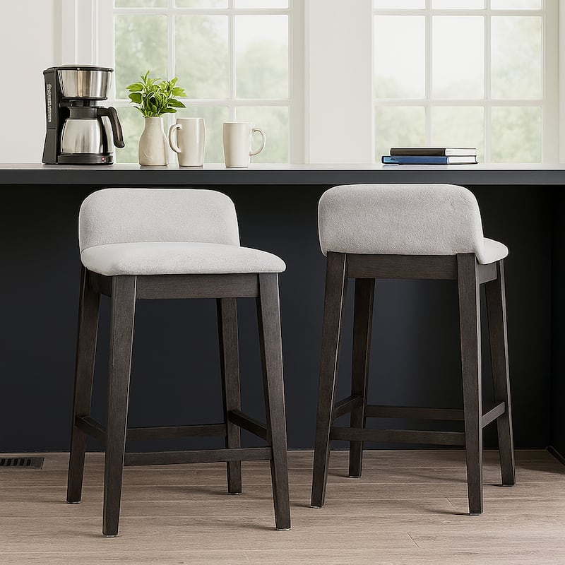 Set of 2 Atia Black Rubberwood Stool with Low Back Fabric Seat