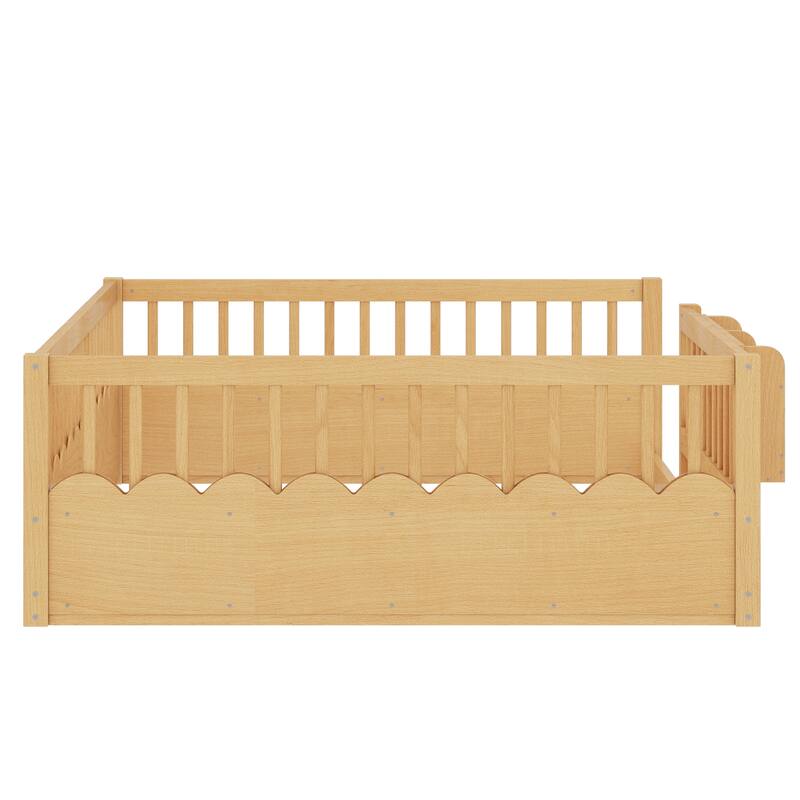 Queen/Full/Twin Floor Bed with Fence and Bookshelf, Wood Kids Floor Bed