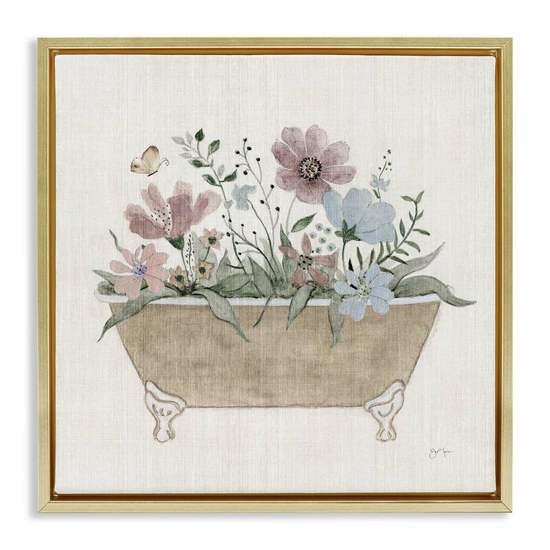 Stupell Cottage Florals in Bathtub Framed Floater Canvas Wall Art Design By Janet Tava - 18 x 18 - Gold