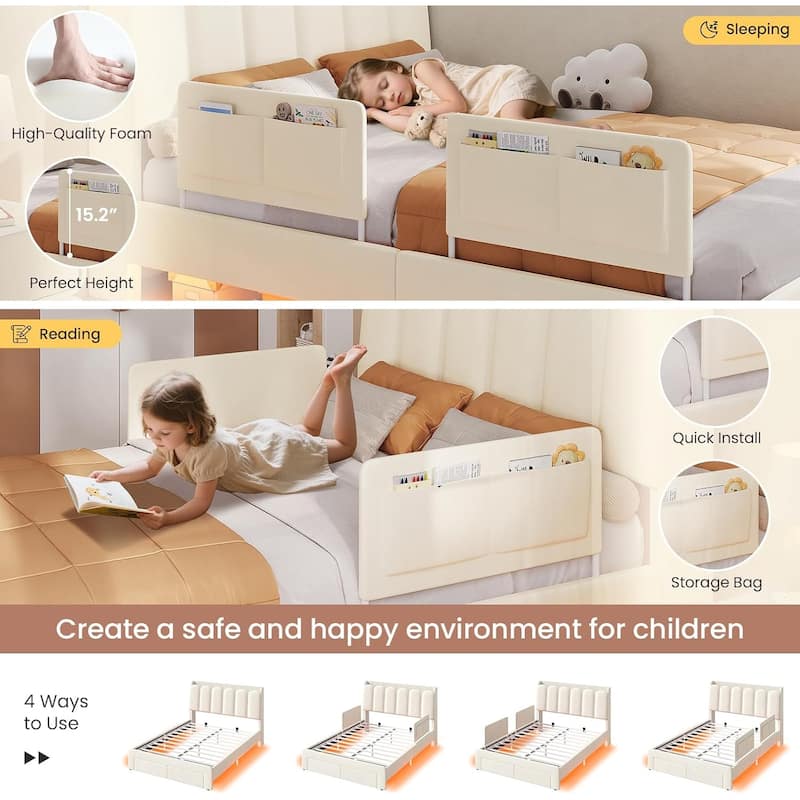 LED Bed Frame Storage DrawerSafety Guardrails Velvet Princess Platform Bed Kids