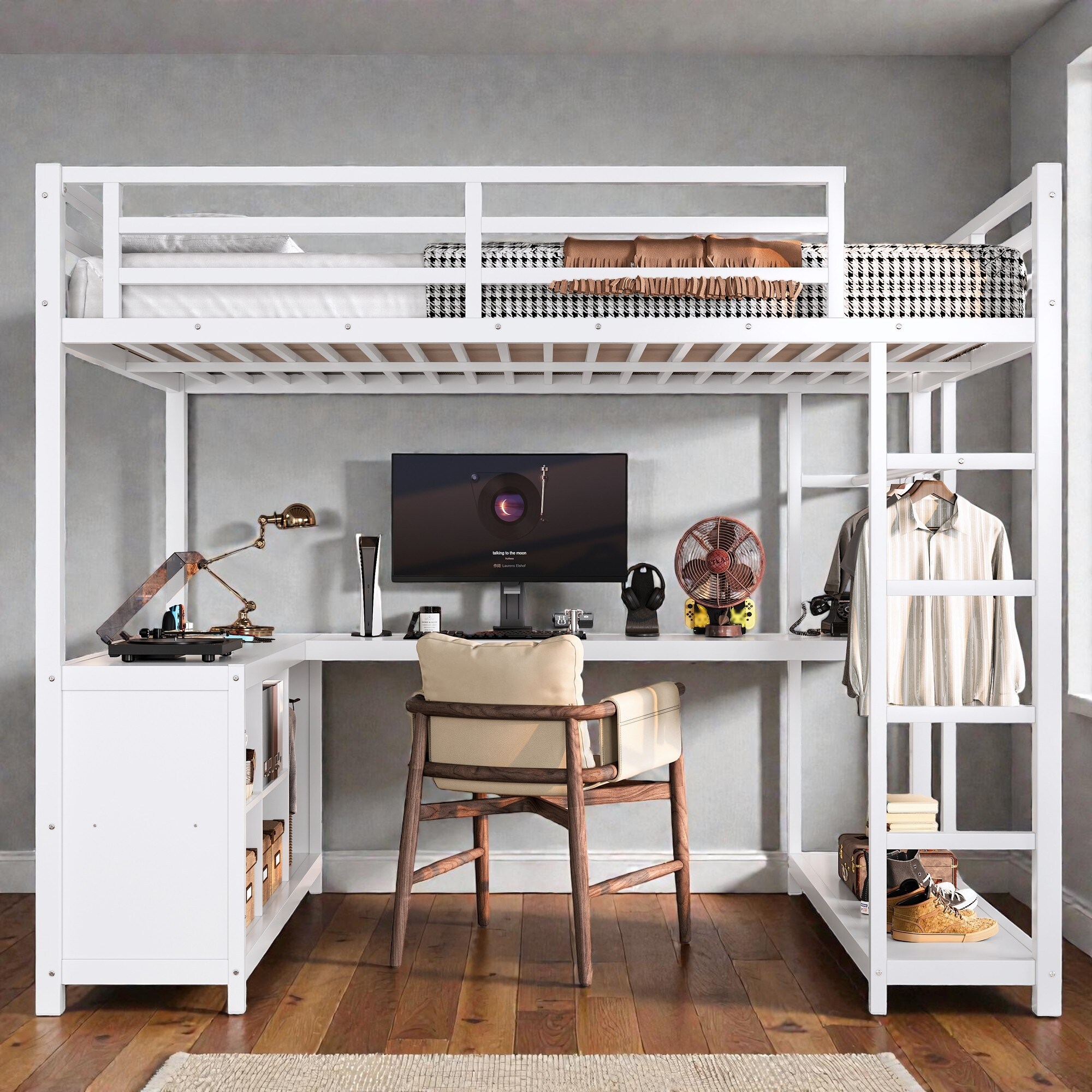 Metal Loft Bed with Wardrobe and L-Shaped Desk, Storage Cubes and Shelves, Space Saving Loft Bed for Teens