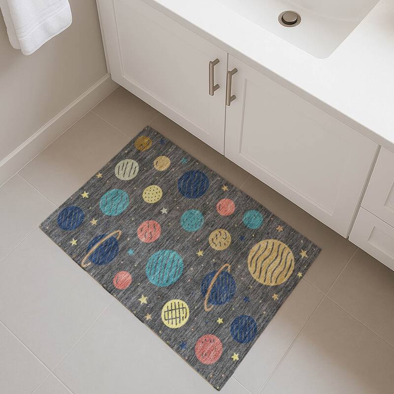 Machine Washable Indoor/ Outdoor Modern Planets Chantille Rug