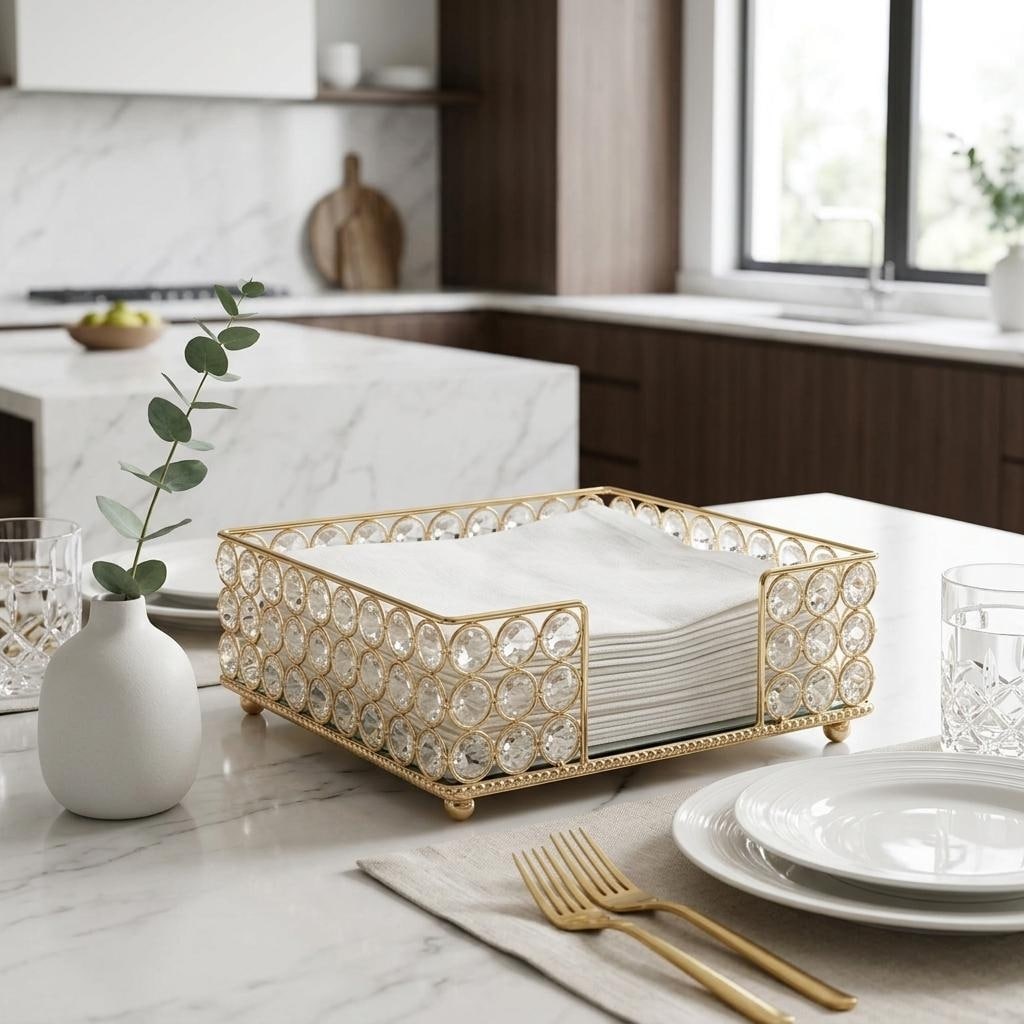 HomeRoots 8" Gold Iron And Crystal Square Napkin Holder - 8.00 in. x 3.00 in. x 8.00 in.