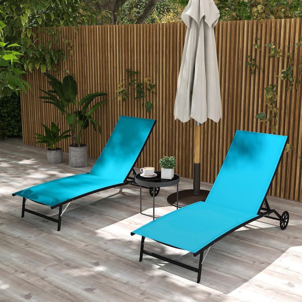 Outdoor Steel Frame Mesh Recliner with Wheels 2-Piece Set
