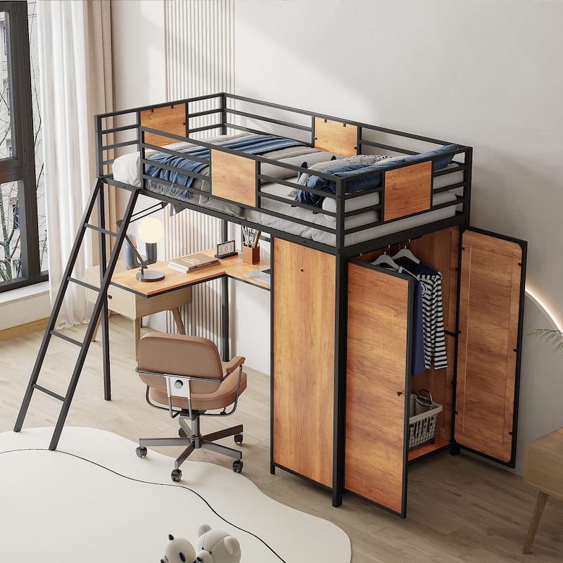 Black Twin Size Metal Wood Loft Bed with L-shaped Desk and Wardrobe