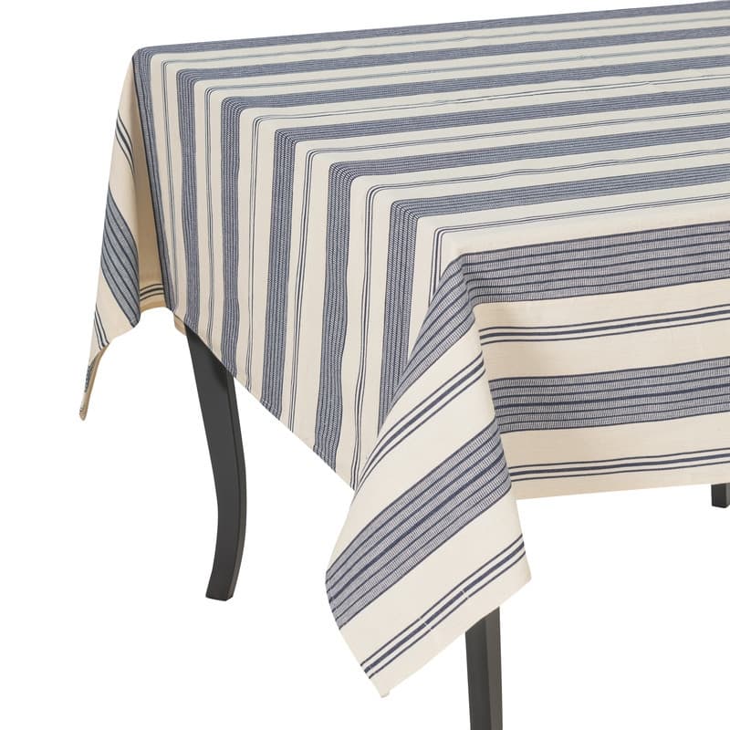 French Home 71" x 95" Blue and Cream Striped Tablecloth - 71" x 95"