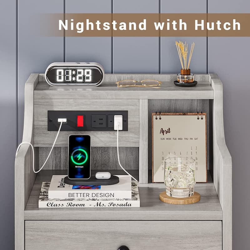 Small Nightstand 3 Drawers Charging Station End Side Table
