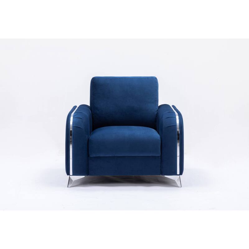 Blue Modern 38" Velvet Upholstered Accent Chair with Polished Chrome Trim Legs and Vertical Pleated Design