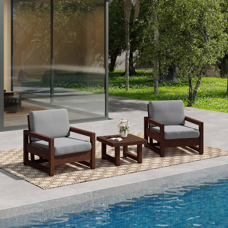3-Piece Teak Wood Chair Outdoor Patio Conversation Set with Table