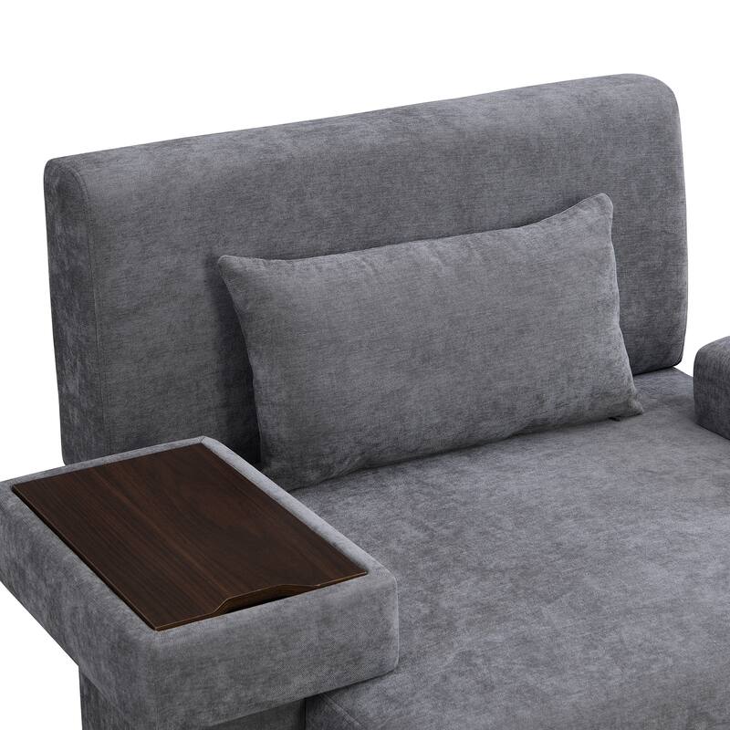 Modern Armchair Lounge Chair Sofa Chair with Built-In Storage, Wooden Table Armrest, Extra-Wide Seat