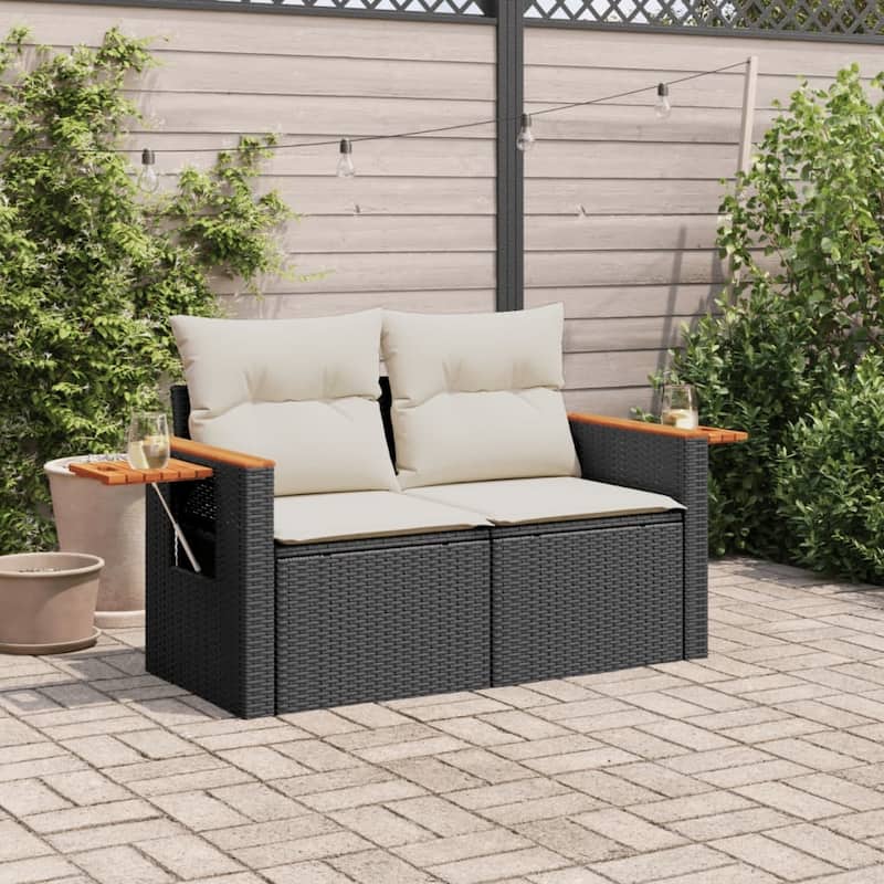 vidaXL Patio Sofa with Cushions Outdoor Seat Sectional Sofa 2-Seater Poly Rattan - 24.4 x 48.8 x 27.2 in