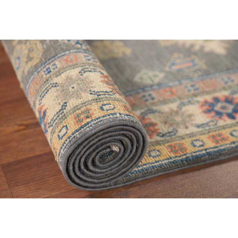 Gray Kazak Runner Rug Hand-Knotted Wool Carpet - 2'7" x 9'7"