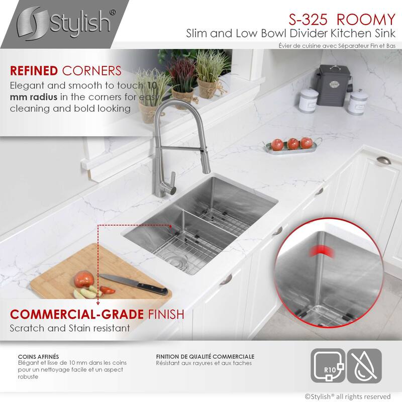 STYLISH 32 L inches x 18 W inches Stainless Steel Double Basin Low Divider Undermount Kitchen Sink with Grids and Strainers