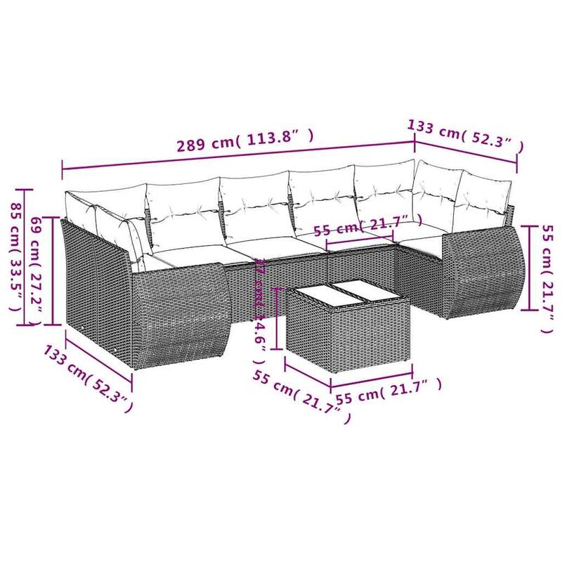 vidaXL 8 Piece Patio Sofa Set with Cushions Gray Poly Rattan - 95.4x27.2x73.7
