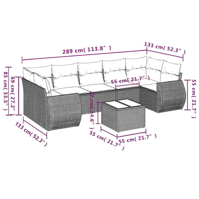 vidaXL Patio Sofa Set with Cushions Outdoor Furniture 8 Piece Poly Rattan - 24.4 x 24.4 x 27.2