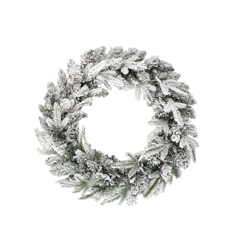 Snow Flocked Christmas Decor 3-Pack - Wreath + Garland + Tree, Warm LED Lights - Green,White